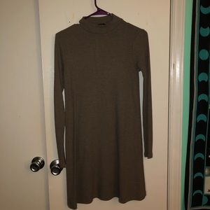 Brown Mock Turtle Neck Ribbed Sweater Dress